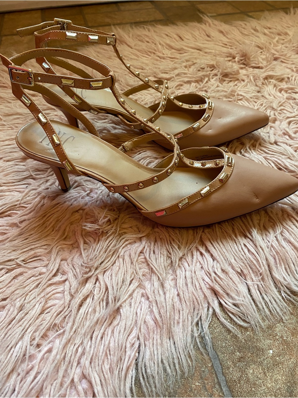 INC International Concepts Nude Studded T-Strap Pointed Heels - Picture 2 of 5